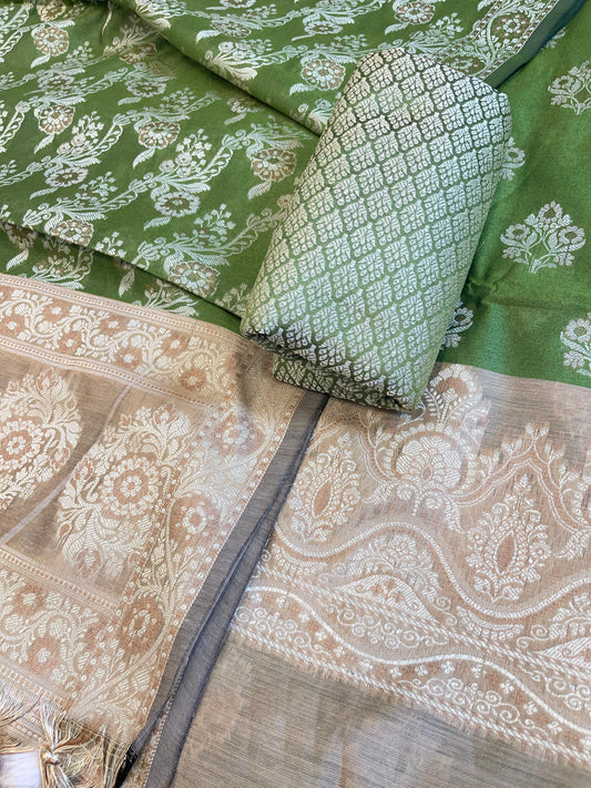 Green Cotton Alfi Resham Floral Boota Contrast Beige Border Banarasi Suit 600AJ_PJS11