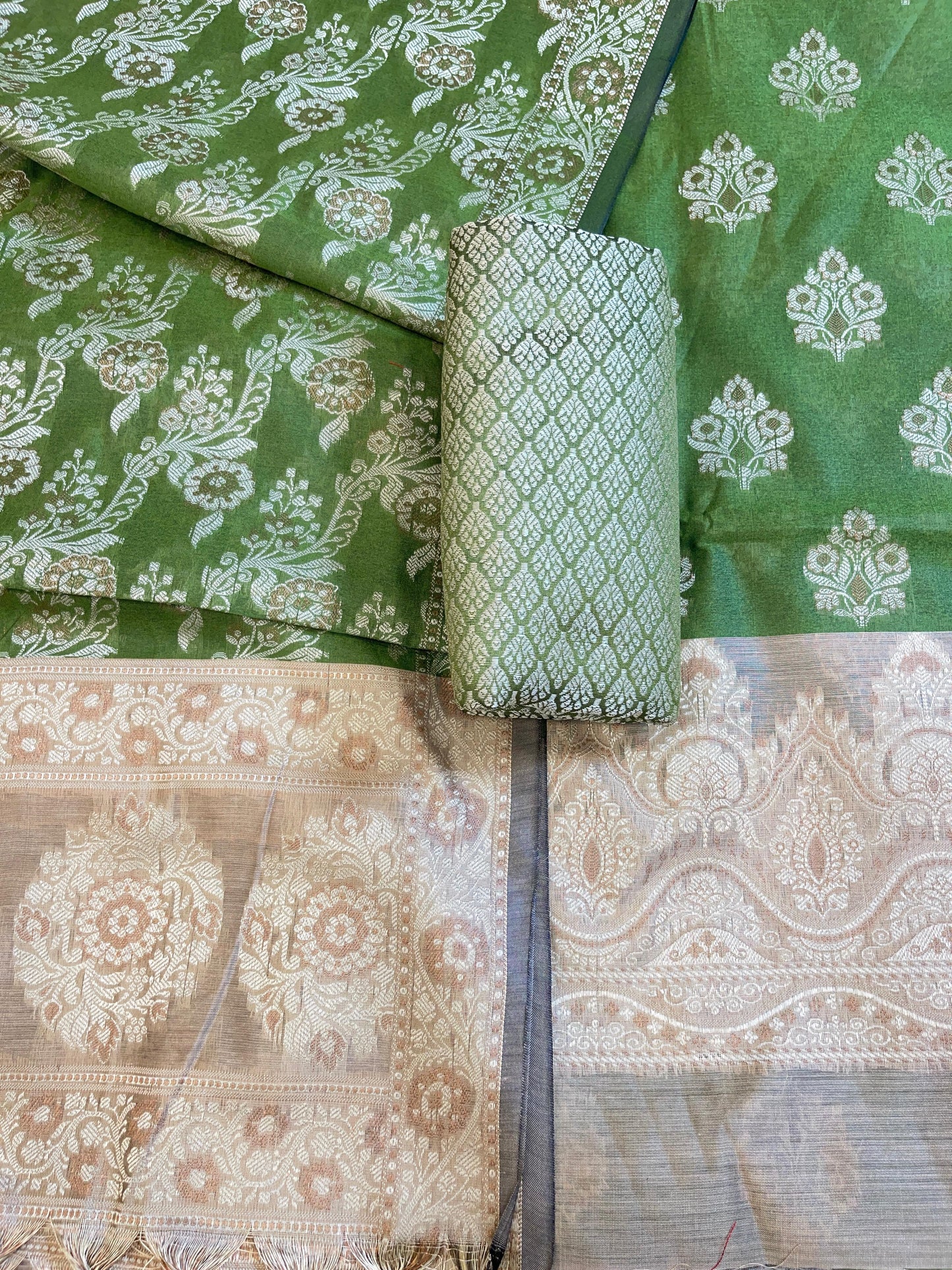 Green Cotton Alfi Resham Floral Boota Contrast Beige Border Banarasi Suit 600AJ_PJS11