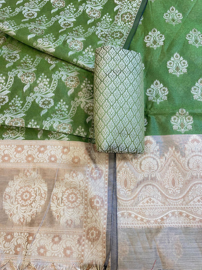 Green Cotton Alfi Resham Floral Boota Contrast Beige Border Banarasi Suit 600AJ_PJS11