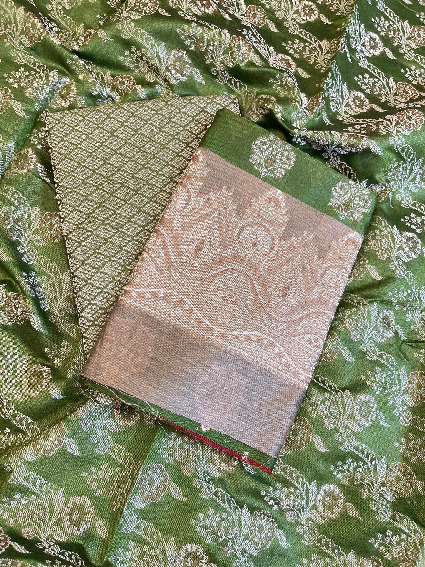 Green Cotton Alfi Resham Floral Boota Contrast Beige Border Banarasi Suit 600AJ_PJS11
