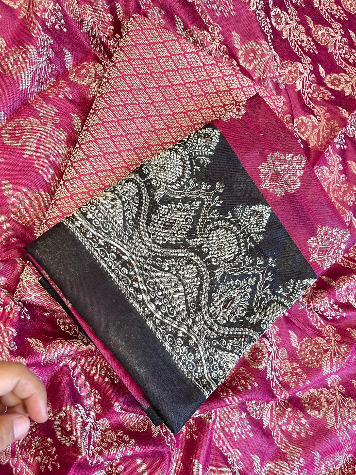 Magenta Cotton Alfi Resham Floral Boota Contrast Black Border Banarasi Suit 600AJ_PJS12