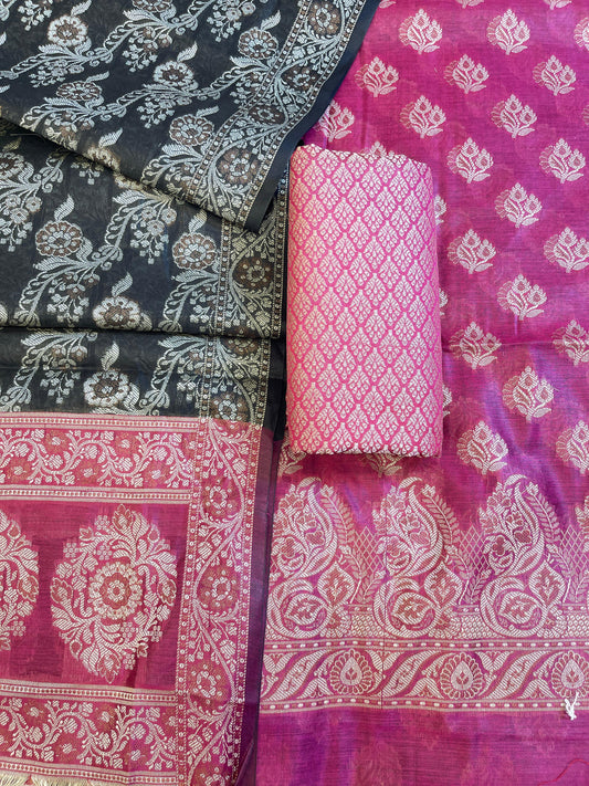 Magenta Cotton Floral Resham Booti Contrast Black Dupatta Banarasi Suit 600AJ_PJS13