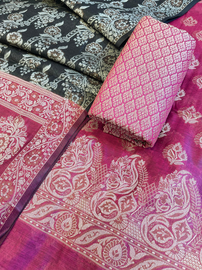 Magenta Cotton Floral Resham Booti Contrast Black Dupatta Banarasi Suit 600AJ_PJS13