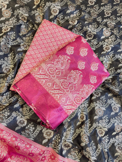 Magenta Cotton Floral Resham Booti Contrast Black Dupatta Banarasi Suit 600AJ_PJS13