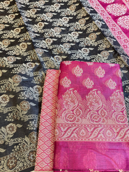 Magenta Cotton Floral Resham Booti Contrast Black Dupatta Banarasi Suit 600AJ_PJS13