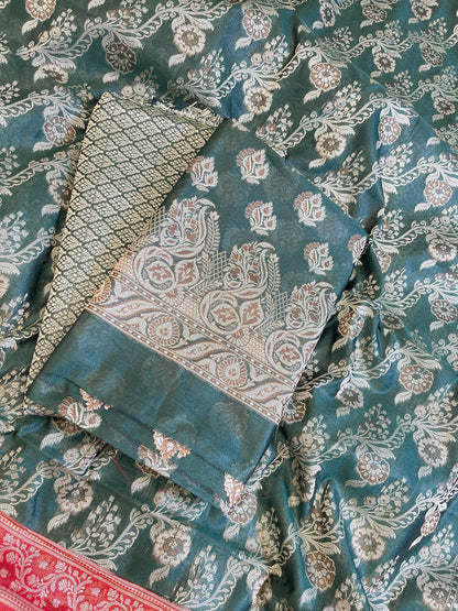 Darkgreen Cotton Floral Resham Booti Contrast Red Dupatta Banarasi Suit 600AJ_PJS14