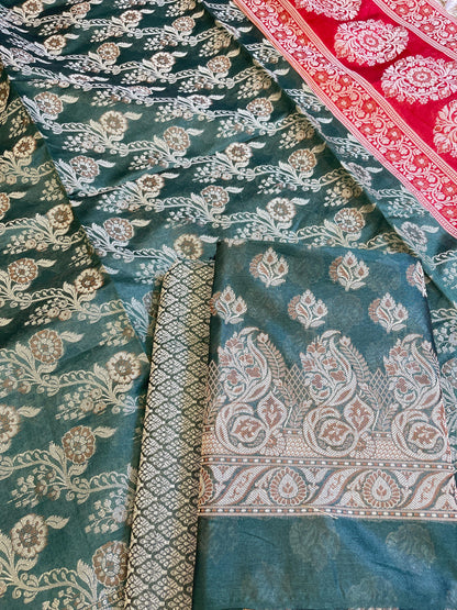 Darkgreen Cotton Floral Resham Booti Contrast Red Dupatta Banarasi Suit 600AJ_PJS14