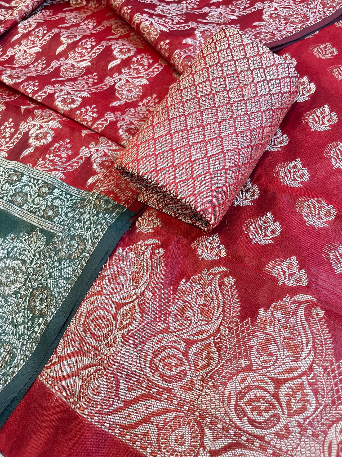 Red Cotton Floral Resham Booti Contrast Darkgreen Dupatta Banarasi Suit 600AJ_PJS15