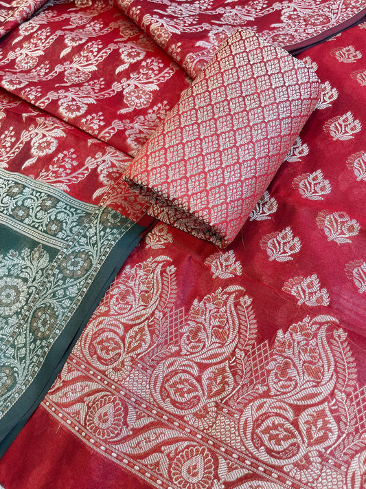 Red Cotton Floral Resham Booti Contrast Darkgreen Dupatta Banarasi Suit 600AJ_PJS15