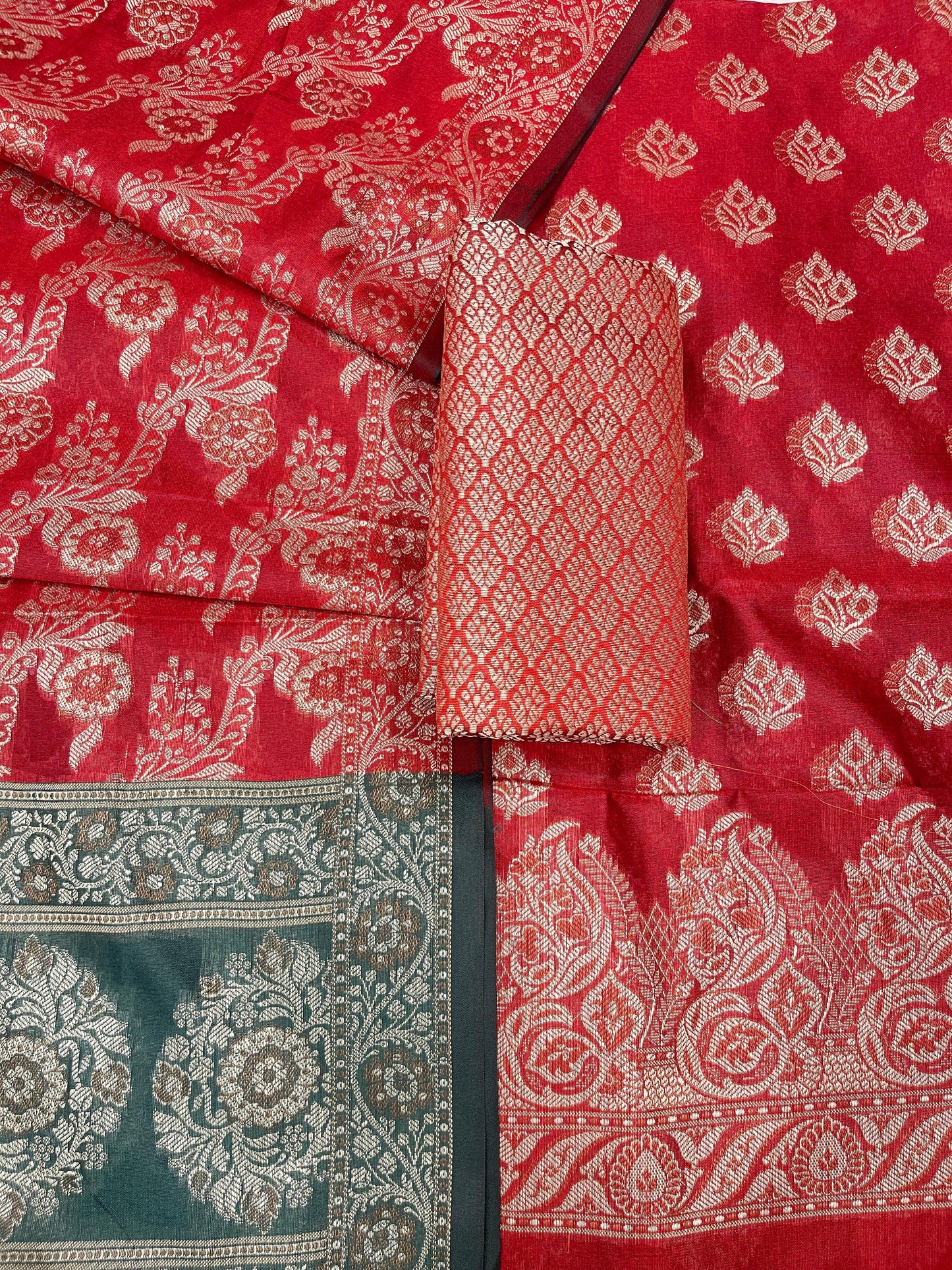 Red Cotton Floral Resham Booti Contrast Darkgreen Dupatta Banarasi Suit 600AJ_PJS15