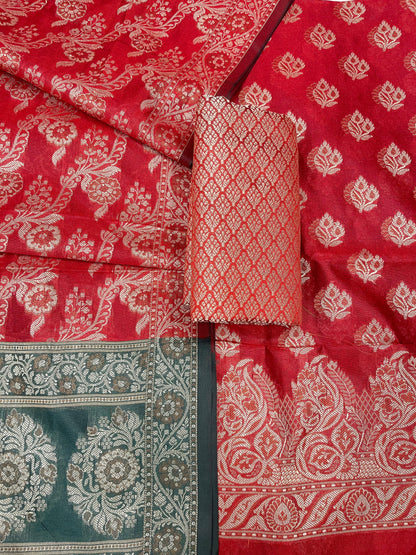 Red Cotton Floral Resham Booti Contrast Darkgreen Dupatta Banarasi Suit 600AJ_PJS15