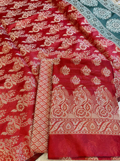 Red Cotton Floral Resham Booti Contrast Darkgreen Dupatta Banarasi Suit 600AJ_PJS15