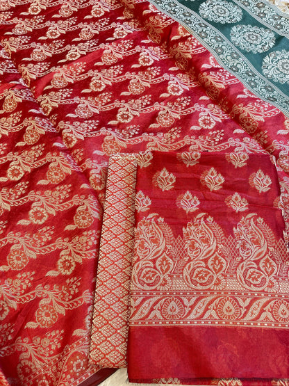 Red Cotton Floral Resham Booti Contrast Darkgreen Dupatta Banarasi Suit 600AJ_PJS15
