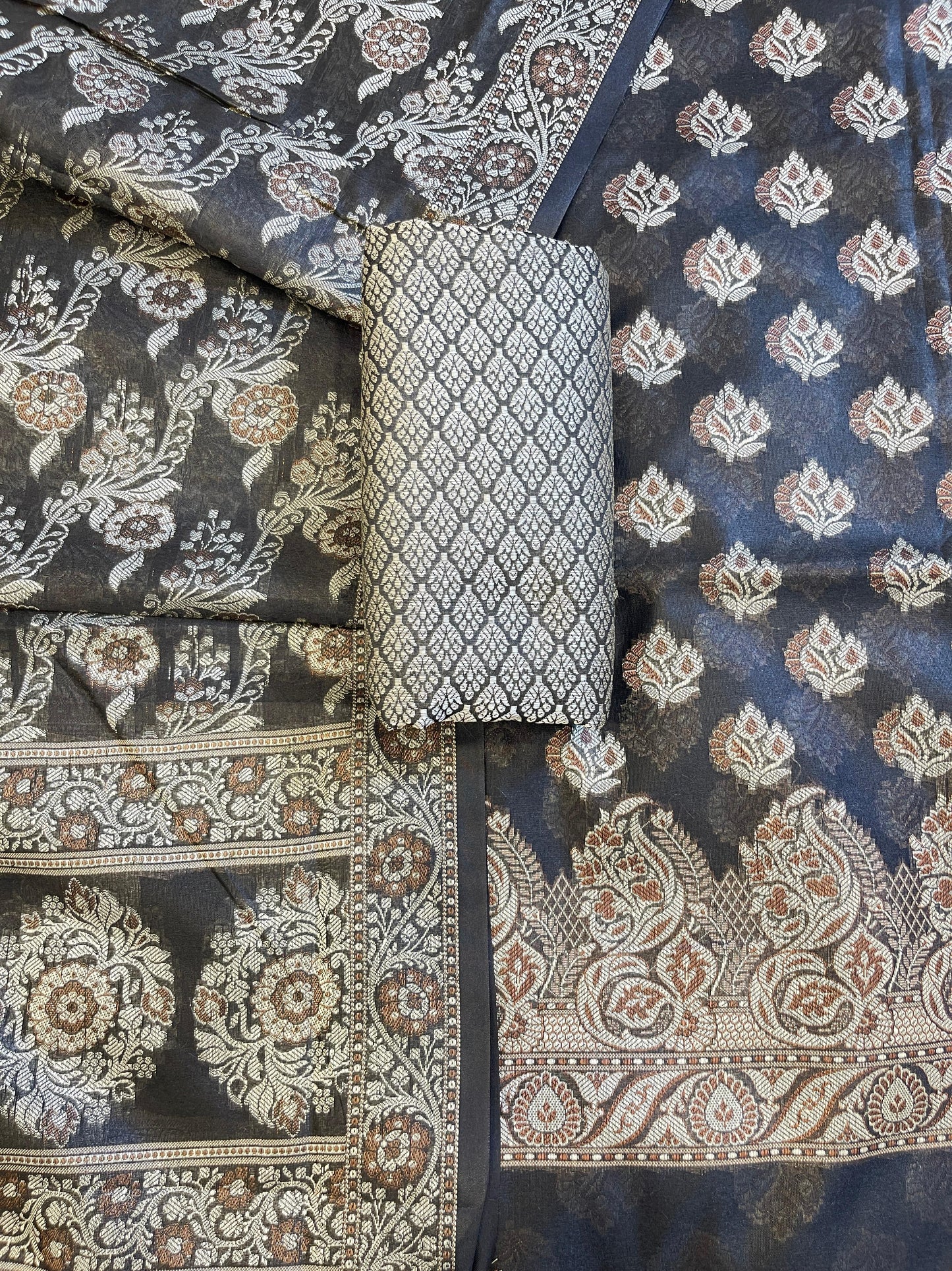Black Cotton Floral Resham Booti Contrast Black Dupatta Banarasi Suit 600AJ_PJS16