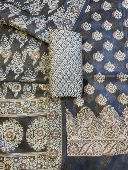 Black Cotton Floral Resham Booti Contrast Black Dupatta Banarasi Suit 600AJ_PJS16