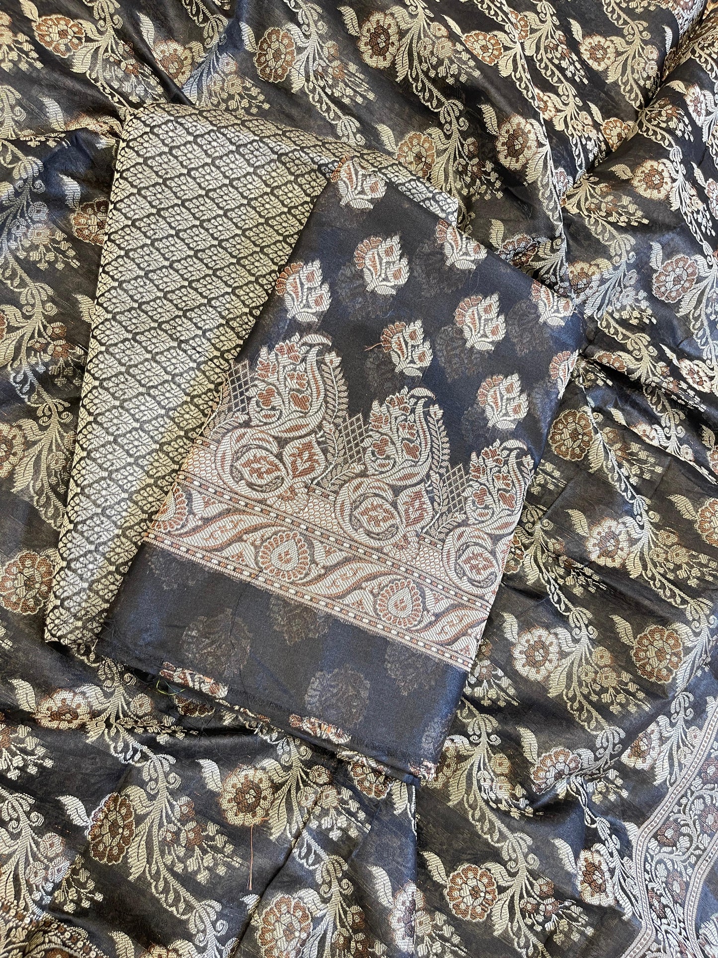 Black Cotton Floral Resham Booti Contrast Black Dupatta Banarasi Suit 600AJ_PJS16