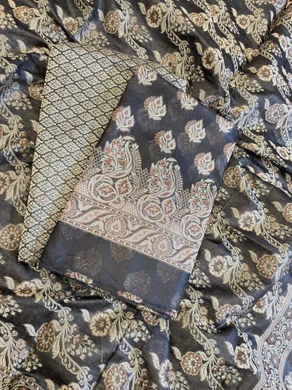 Black Cotton Floral Resham Booti Contrast Black Dupatta Banarasi Suit 600AJ_PJS16