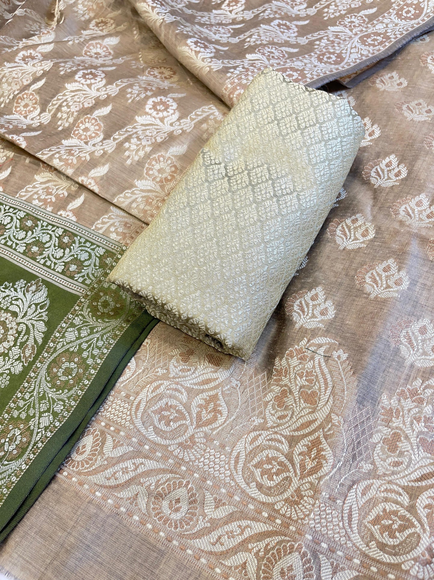 Beige Cotton Floral Resham Booti Contrast Green Dupatta Banarasi Suit 600AJ_PJS17