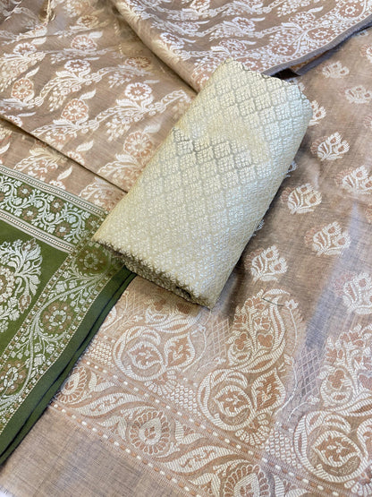 Beige Cotton Floral Resham Booti Contrast Green Dupatta Banarasi Suit 600AJ_PJS17