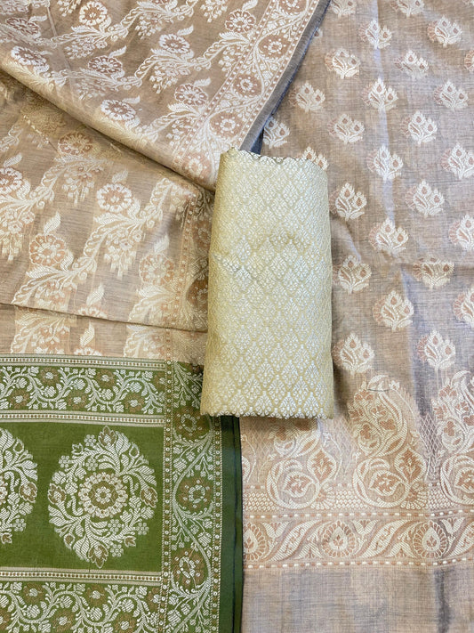 Beige Cotton Floral Resham Booti Contrast Green Dupatta Banarasi Suit 600AJ_PJS17