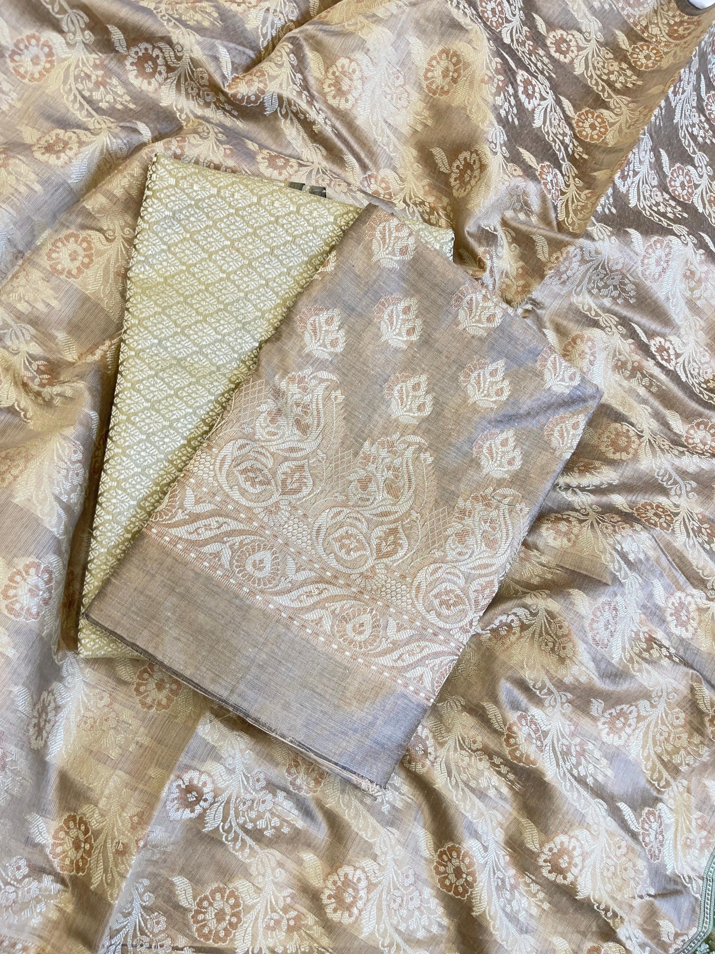 Beige Cotton Floral Resham Booti Contrast Green Dupatta Banarasi Suit 600AJ_PJS17