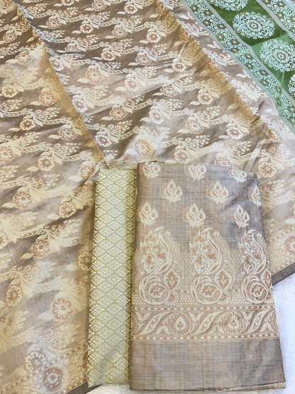 Beige Cotton Floral Resham Booti Contrast Green Dupatta Banarasi Suit 600AJ_PJS17
