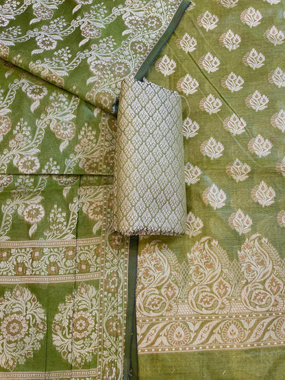 Green Cotton Floral Resham Booti with Floral Jaal Dupatta Banarasi Suit 600AJ_PJS18