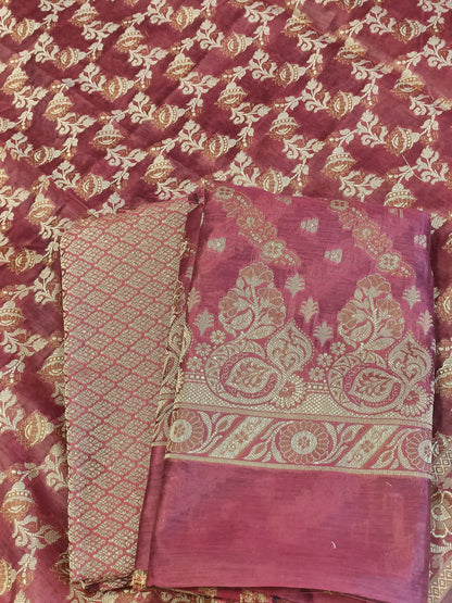 Light Red Cotton Floral Resham Aada Stripe Banarasi Suit 600AJ_PJS19