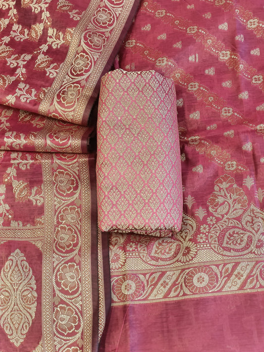 Light Red Cotton Floral Resham Aada Stripe Banarasi Suit 600AJ_PJS19