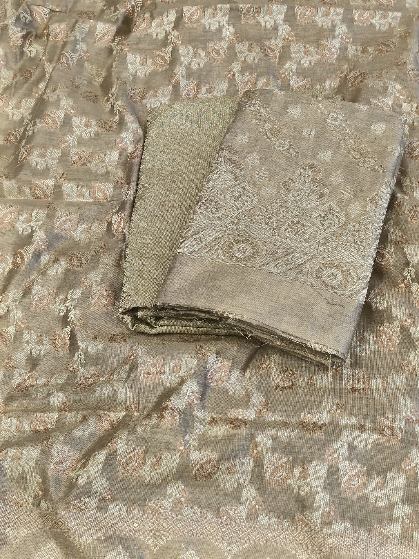 Beige Cotton Floral Resham Aada Stripe Banarasi Suit 600AJ_PJS20