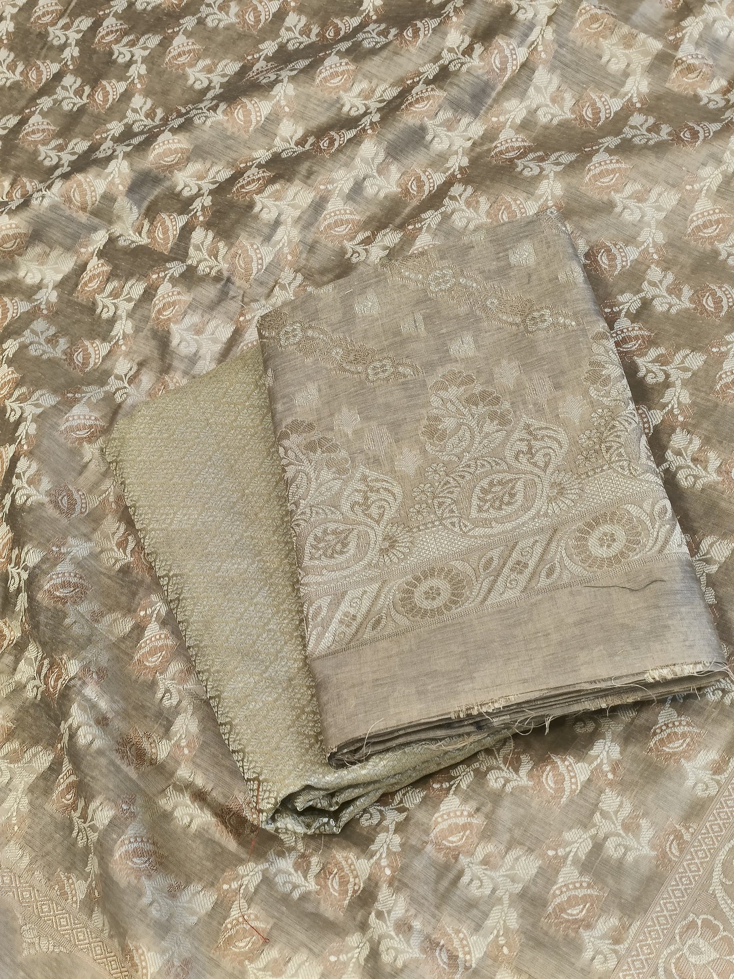 Beige Cotton Floral Resham Aada Stripe Banarasi Suit 600AJ_PJS20