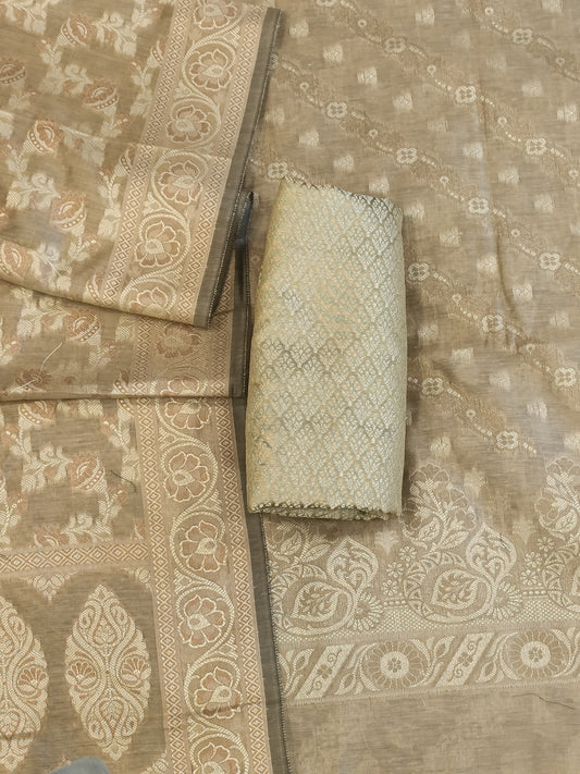 Beige Cotton Floral Resham Aada Stripe Banarasi Suit 600AJ_PJS20