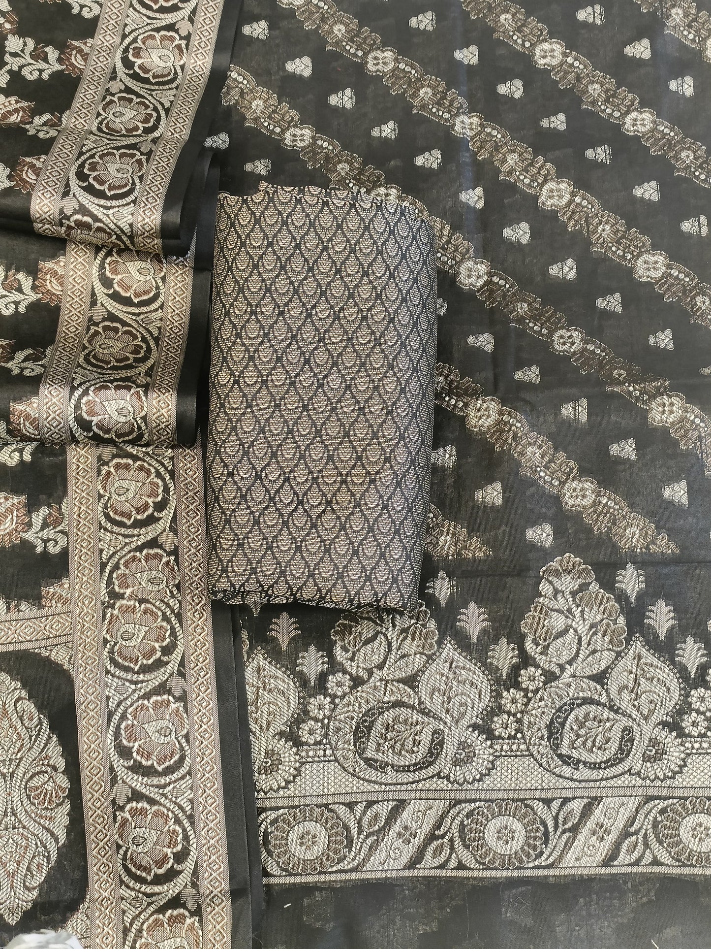 Black Cotton Floral Resham Aada Stripe Banarasi Suit 600AJ_PJS21