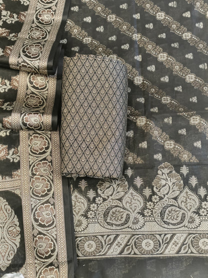 Black Cotton Floral Resham Aada Stripe Banarasi Suit 600AJ_PJS21