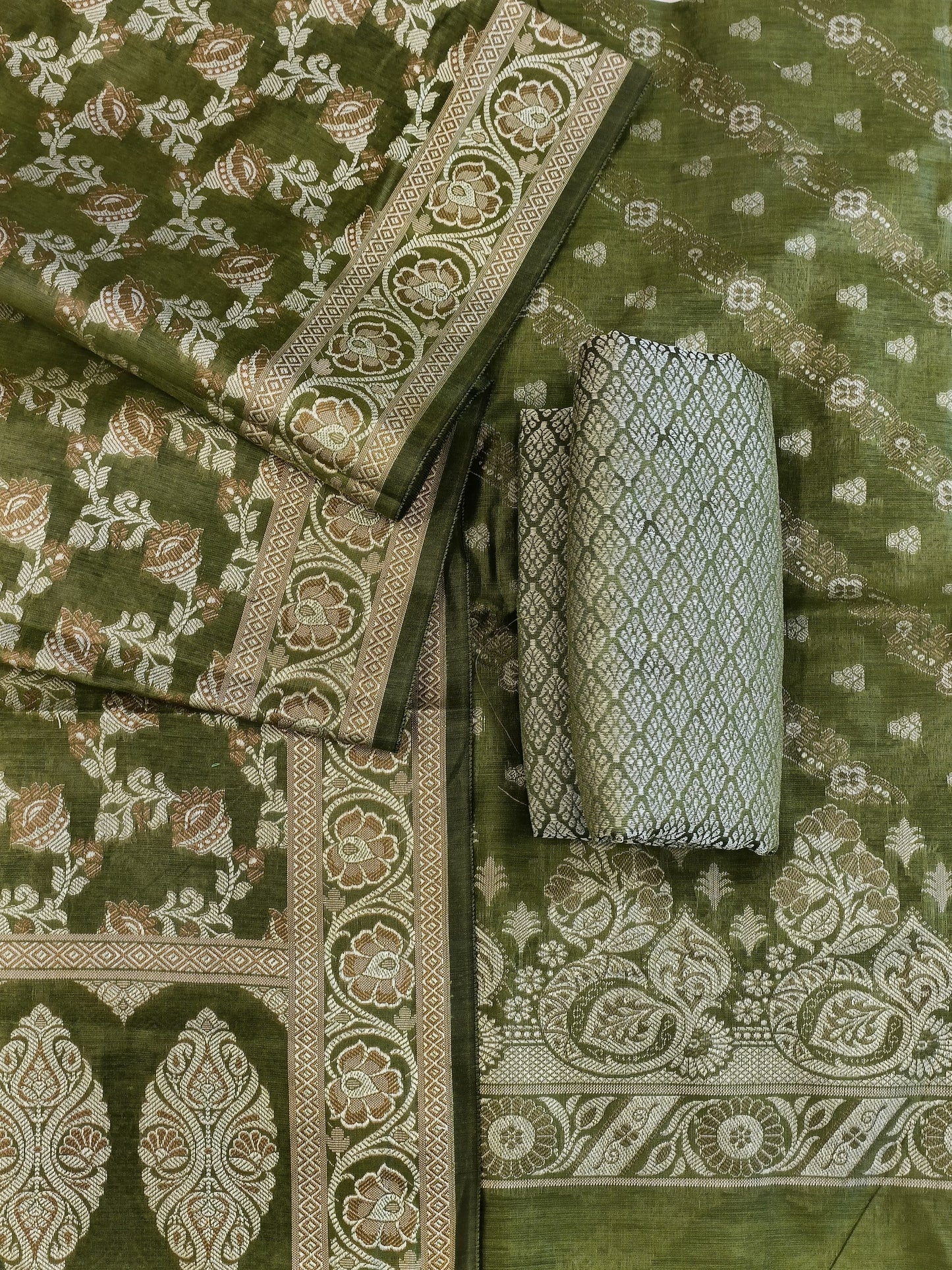 Green Cotton Floral Resham Aada Stripe Banarasi Suit 600AJ_PJS22