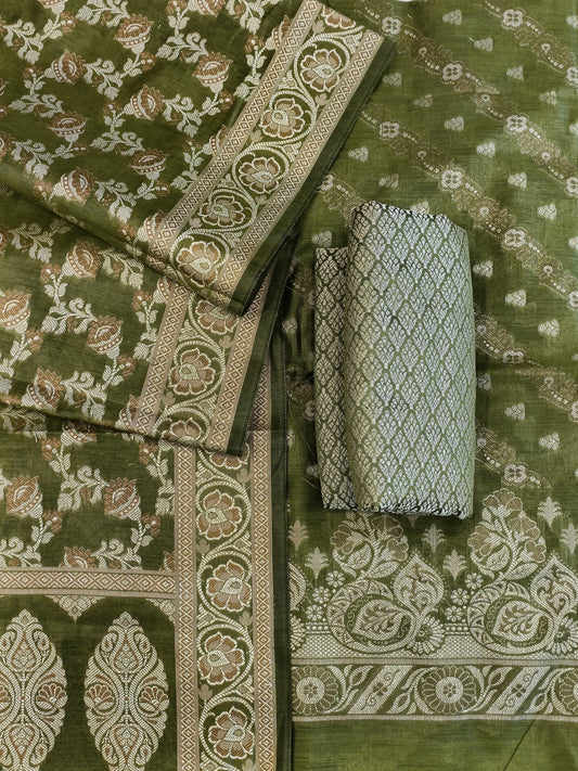 Green Cotton Floral Resham Aada Stripe Banarasi Suit 600AJ_PJS22