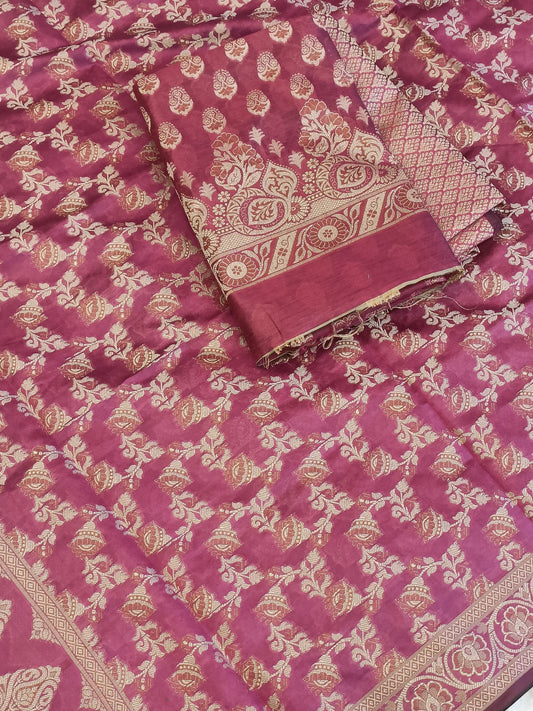 Magenta Cotton Floral Resham Aada Stripe Banarasi Suit 600AJ_PJS23