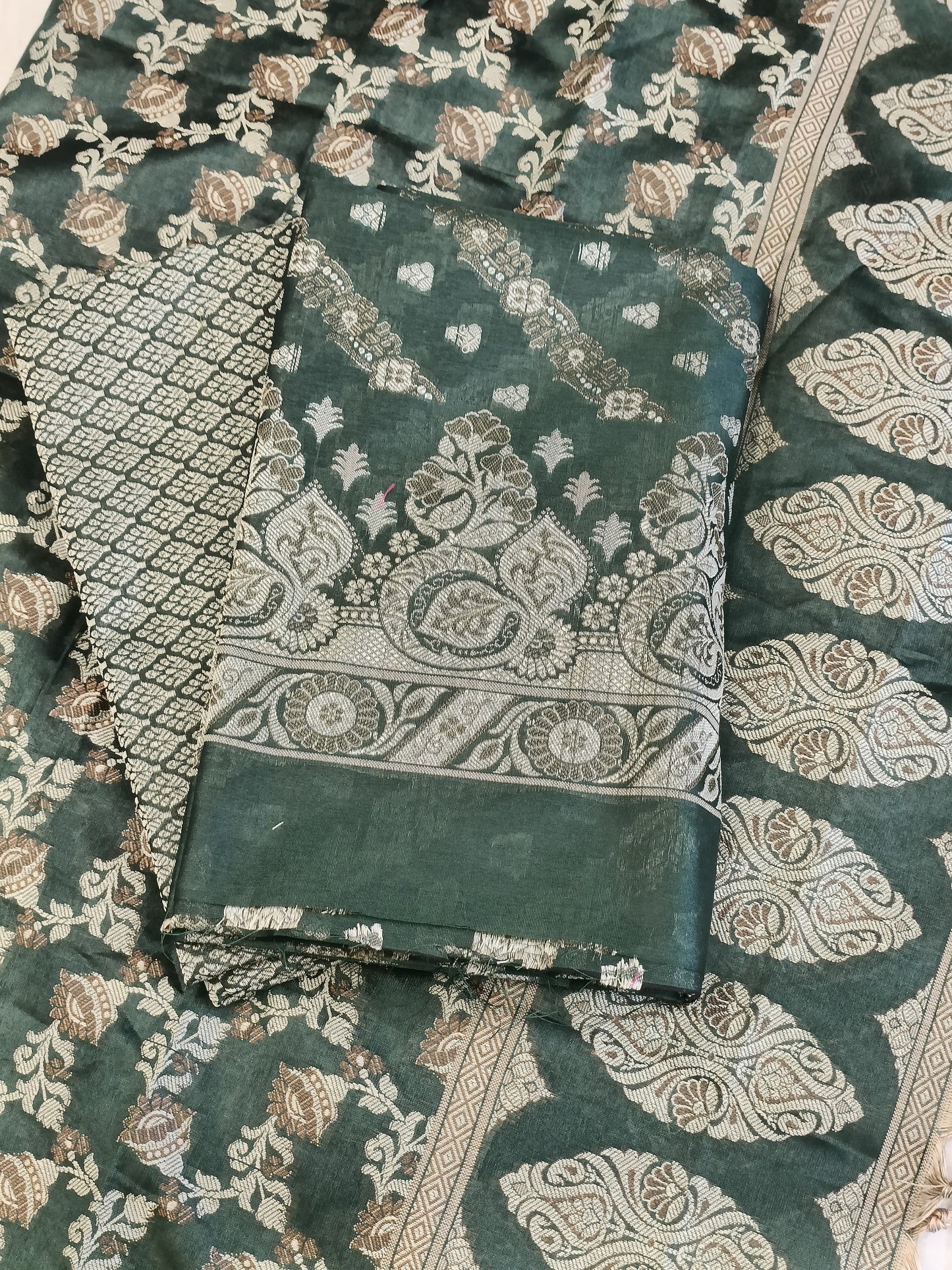 Darkgreen Cotton Floral Resham Aada Stripe Banarasi Suit 600AJ_PJS24