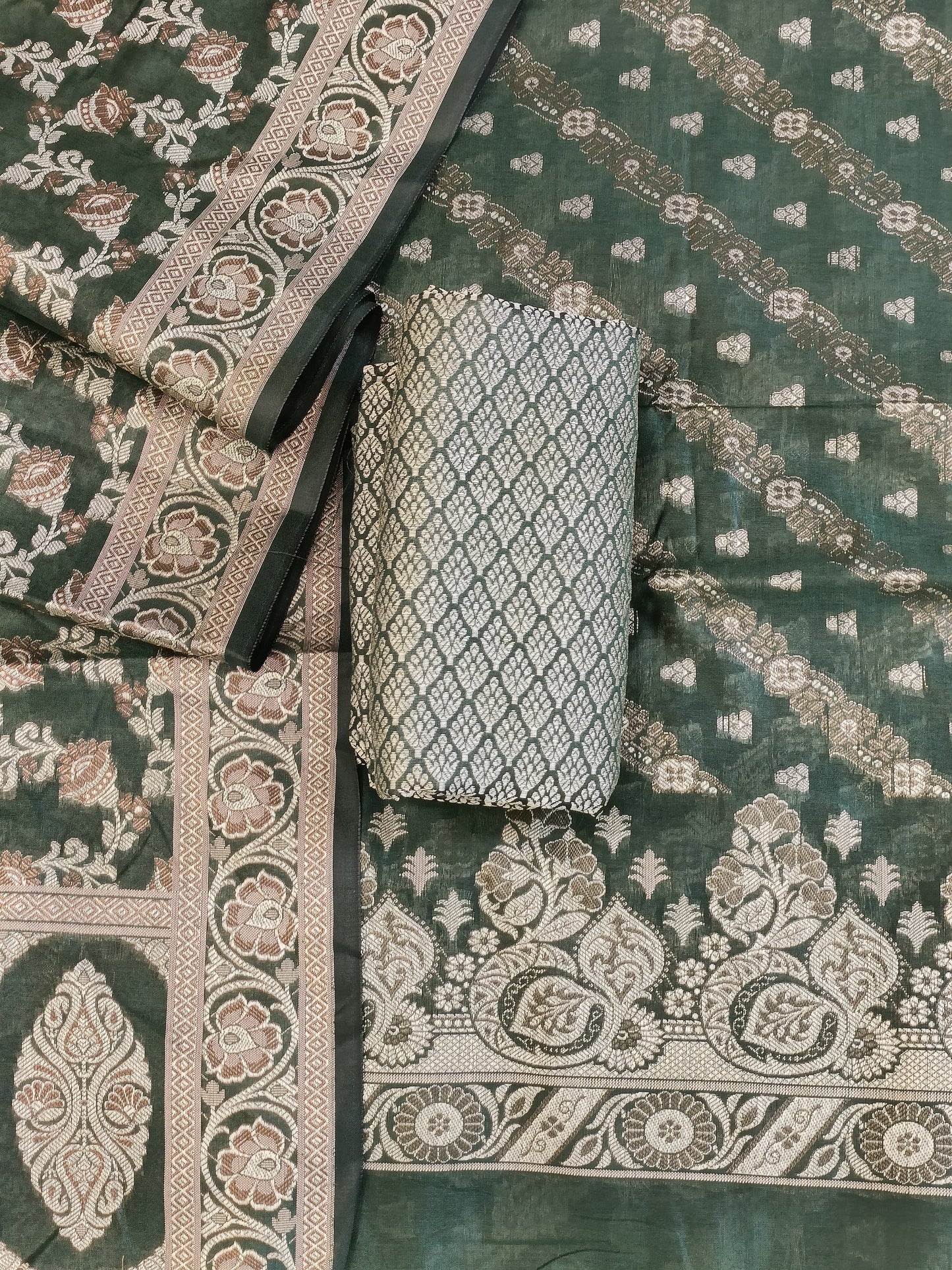 Darkgreen Cotton Floral Resham Aada Stripe Banarasi Suit 600AJ_PJS24
