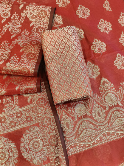 Light Red Cotton Floral Resham Boota Banarasi Suit with Resham Jaal Dupatta Banarasi Suit 600AJ_PJS26