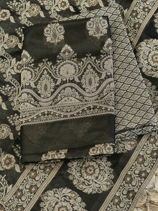 Black Cotton Floral Resham Boota Banarasi Suit with Resham Jaal Dupatta Banarasi Suit 600AJ_PJS30
