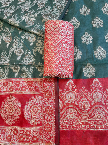 Darkgreen Cotton Alfi Resham Floral Boota Contrast Red Border Banarasi Suit 600AJ_PJS7