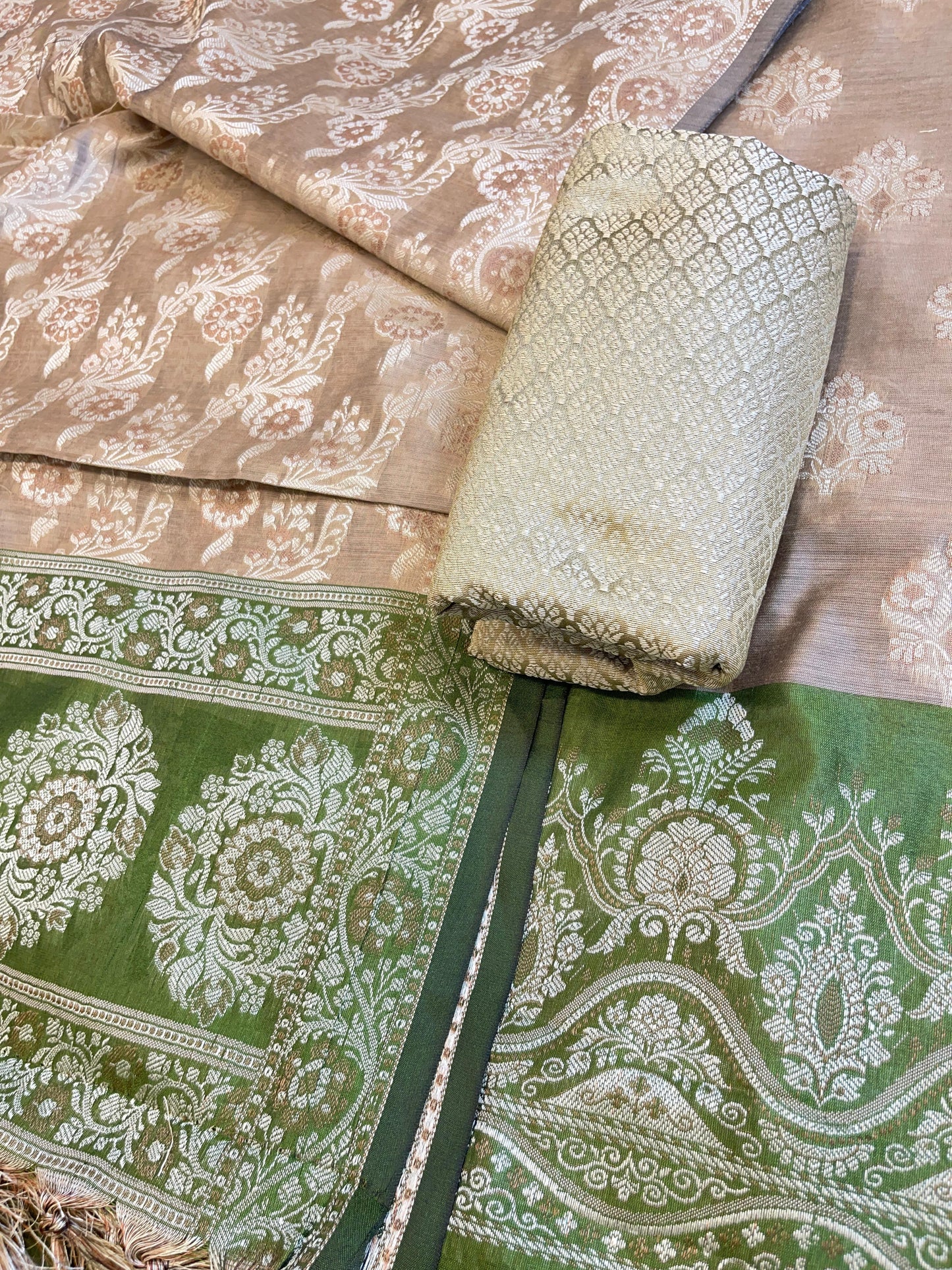 Beige Cotton Alfi Resham Floral Boota Contrast Green Border Banarasi Suit 600AJ_PJS8