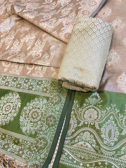 Beige Cotton Alfi Resham Floral Boota Contrast Green Border Banarasi Suit 600AJ_PJS8