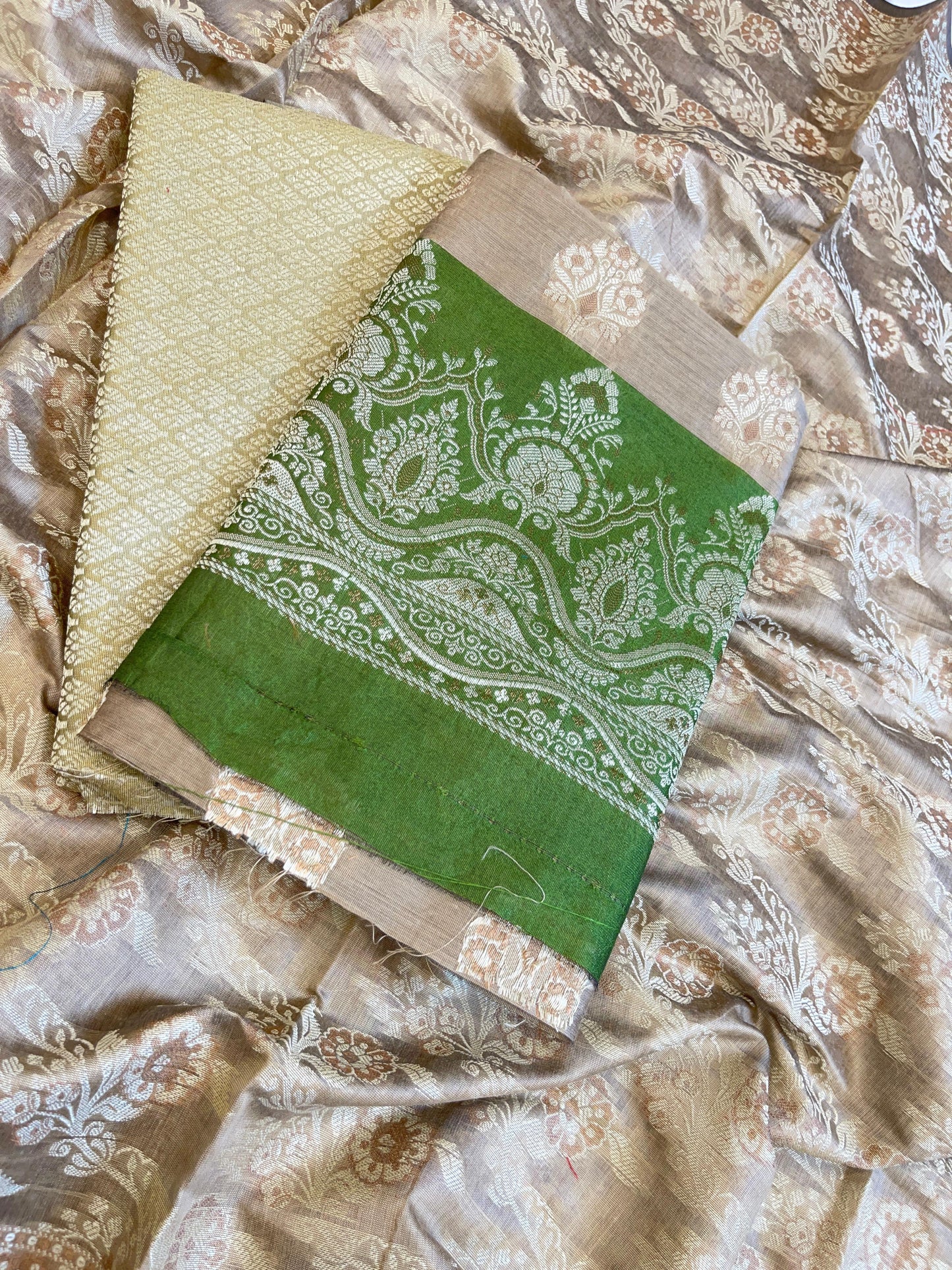 Beige Cotton Alfi Resham Floral Boota Contrast Green Border Banarasi Suit 600AJ_PJS8