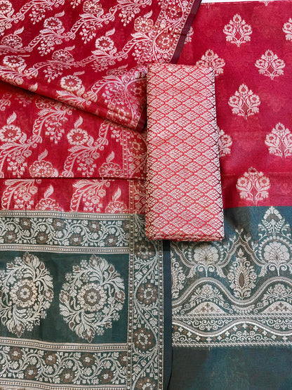 Red Cotton Alfi Resham Floral Boota Contrast Darkgreen Border Banarasi Suit 600AJ_PJS9