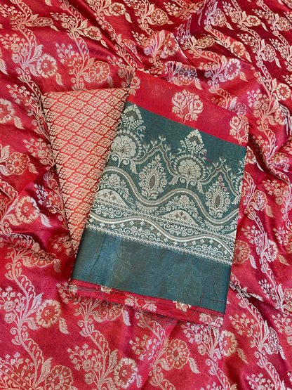 Red Cotton Alfi Resham Floral Boota Contrast Darkgreen Border Banarasi Suit 600AJ_PJS9