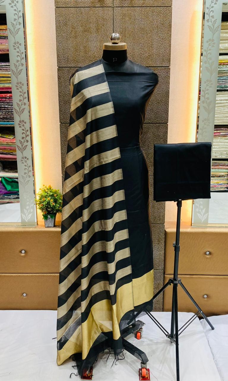 Black Cotton Silk Banarasi Suit with Gold Zari Stripe Dupatta 600SKL_CS13