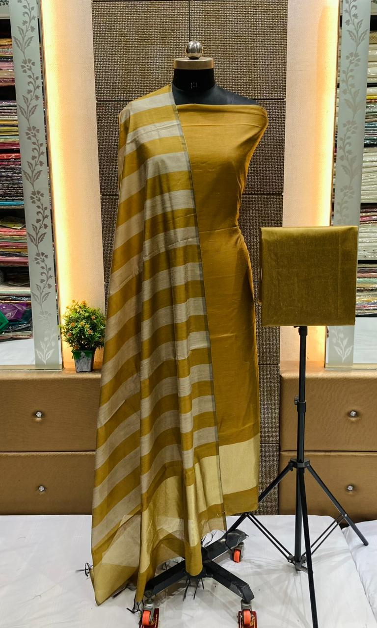 Mustard Gold Cotton Silk Banarasi Suit with Gold Zari Stripe Dupatta 600SKL_CS16
