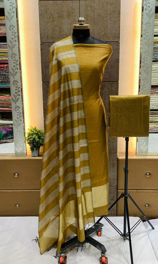 Mustard Gold Cotton Silk Banarasi Suit with Gold Zari Stripe Dupatta 600SKL_CS16